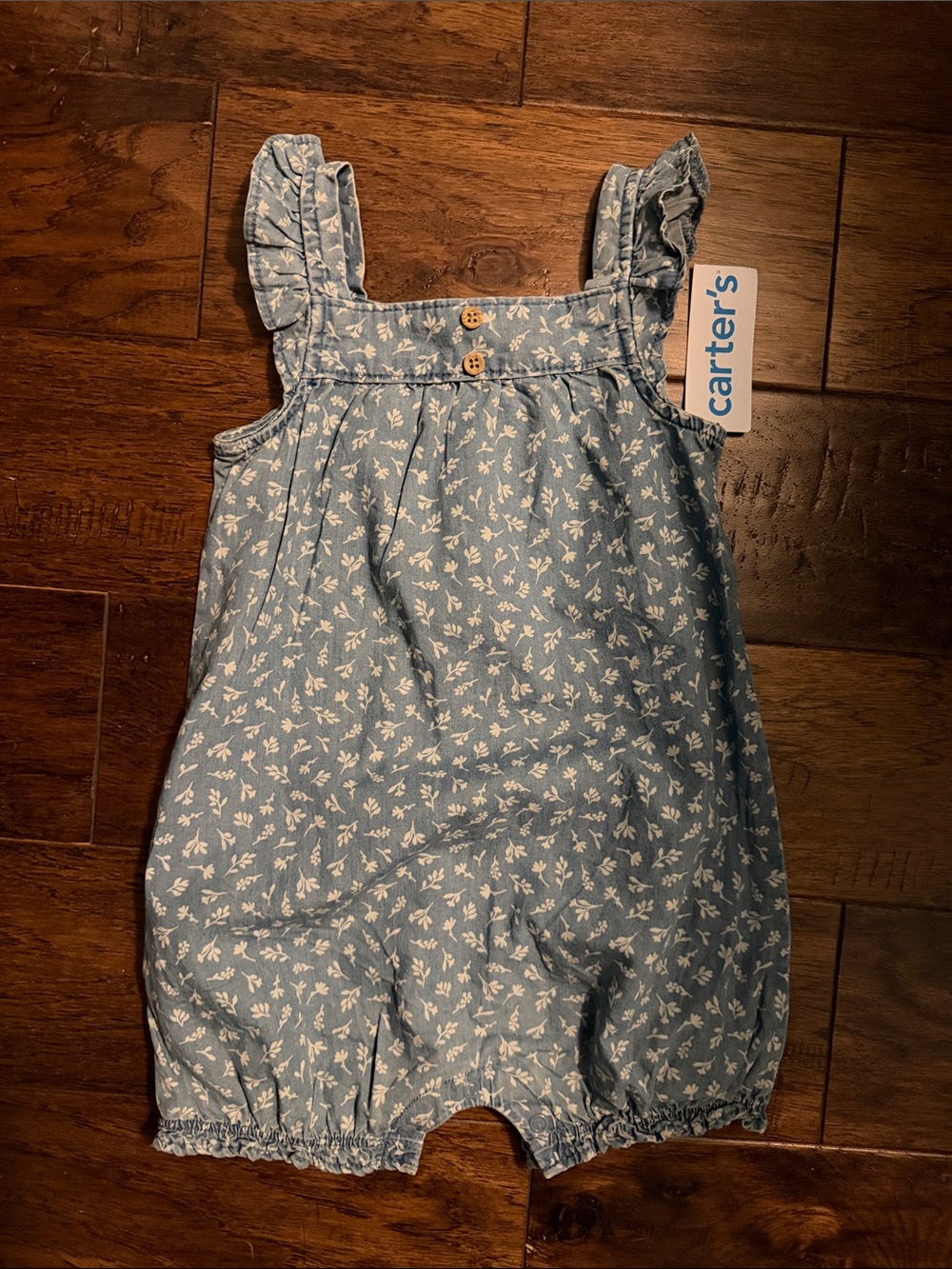 Carter's Light Blue Floral Chambray Romper with Ruffle Straps